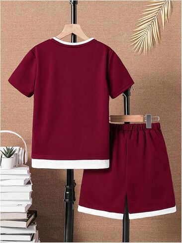 Boy's 2 Piece Summer Outfits Colorblock Letter Short Sleeve Tee Tops and Track Shorts Sets in Saudi Arabia
