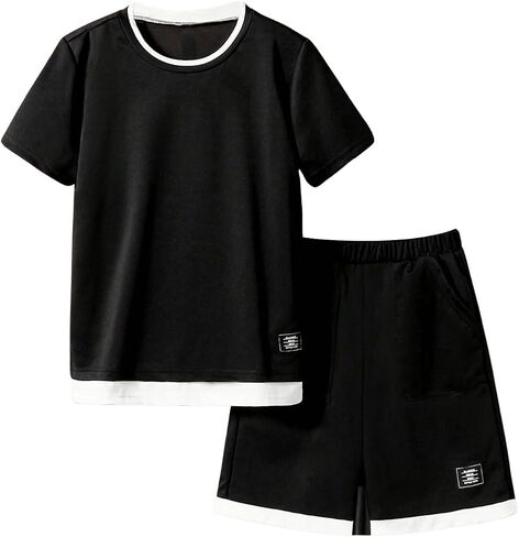 Boy's 2 Piece Summer Outfits Colorblock Letter Short Sleeve Tee Tops and Track Shorts Sets in Saudi Arabia