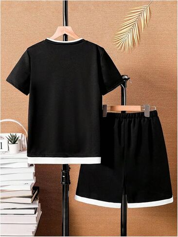 Boy's 2 Piece Summer Outfits Colorblock Letter Short Sleeve Tee Tops and Track Shorts Sets in Saudi Arabia
