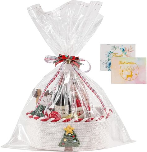Christmas Gift Basket with 2 Greeting Cards | Ribbon | Cellophane, Empty Cotton Rope Storage Basket With Concealed Handle For Baby Shower, Easter, Halloween, Birthday, 14*10*5 inches Crochet Tree Red in Saudi Arabia