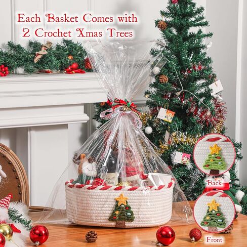 Christmas Gift Basket with 2 Greeting Cards | Ribbon | Cellophane, Empty Cotton Rope Storage Basket With Concealed Handle For Baby Shower, Easter, Halloween, Birthday, 14*10*5 inches Crochet Tree Red in Saudi Arabia