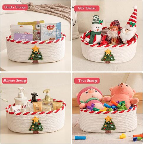 Christmas Gift Basket with 2 Greeting Cards | Ribbon | Cellophane, Empty Cotton Rope Storage Basket With Concealed Handle For Baby Shower, Easter, Halloween, Birthday, 14*10*5 inches Crochet Tree Red in Saudi Arabia