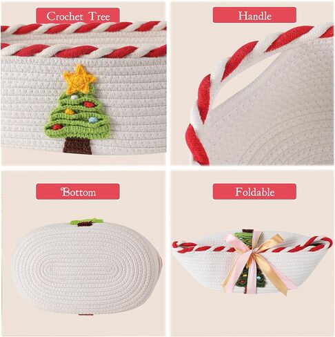 Christmas Gift Basket with 2 Greeting Cards | Ribbon | Cellophane, Empty Cotton Rope Storage Basket With Concealed Handle For Baby Shower, Easter, Halloween, Birthday, 14*10*5 inches Crochet Tree Red in Saudi Arabia