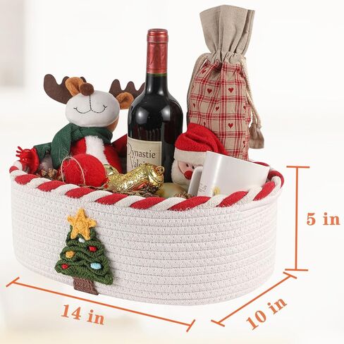 Christmas Gift Basket with 2 Greeting Cards | Ribbon | Cellophane, Empty Cotton Rope Storage Basket With Concealed Handle For Baby Shower, Easter, Halloween, Birthday, 14*10*5 inches Crochet Tree Red in Saudi Arabia