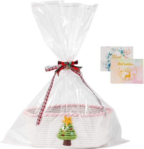 Christmas Gift Basket with 2 Greeting Cards | Ribbon | Cellophane, Empty Cotton Rope Storage Basket With Concealed Handle For Baby Shower, Easter, Halloween, Birthday, 14*10*5 inches Crochet Tree Red in Saudi Arabia