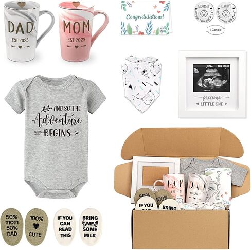 New Parents Gift Set Est 2025 Pregnancy Announcement Gifts for Couples-First Time New Mom Basket for Baby Shower Gender Reveal-Mom & Dad Mugs, Decision Coin, Baby Ultrasound Frame, Onesie, Bib, Socks in Saudi Arabia