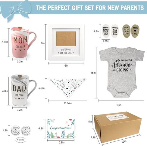 New Parents Gift Set Est 2025 Pregnancy Announcement Gifts for Couples-First Time New Mom Basket for Baby Shower Gender Reveal-Mom & Dad Mugs, Decision Coin, Baby Ultrasound Frame, Onesie, Bib, Socks in Saudi Arabia