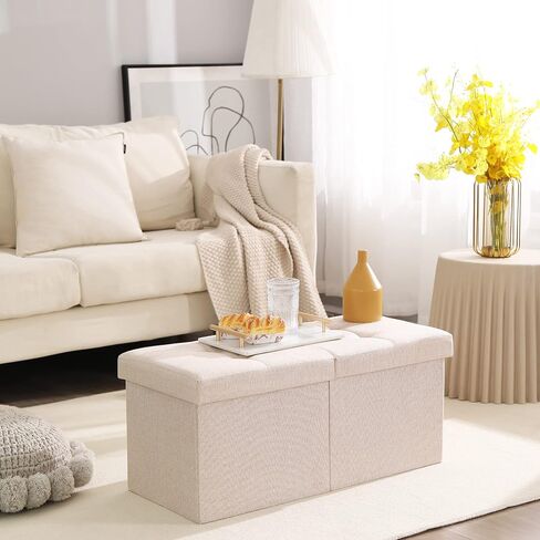 CUYOCA Storage Ottoman Bench Foldable Seat Footrest Shoe Bench End of Bed Storage with Flipping Lid, 75L Storage Space, 30 inches Linen Fabric Beige in Saudi Arabia