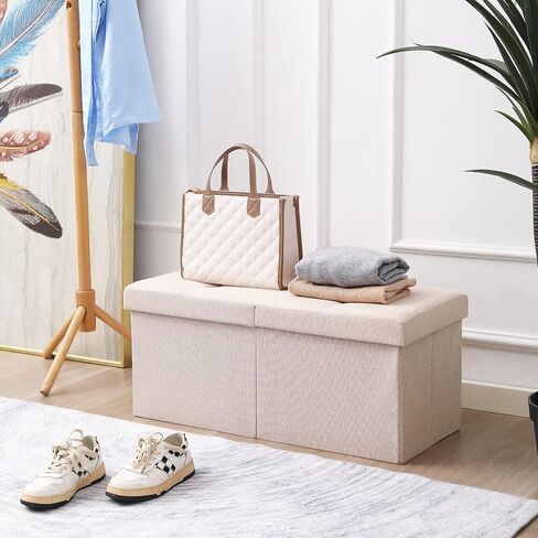 CUYOCA Storage Ottoman Bench Foldable Seat Footrest Shoe Bench End of Bed Storage with Flipping Lid, 75L Storage Space, 30 inches Linen Fabric Beige in Saudi Arabia