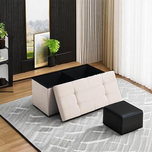 CUYOCA Storage Ottoman Bench Foldable Seat Footrest Shoe Bench End of Bed Storage with Flipping Lid, 75L Storage Space, 30 inches Linen Fabric Beige in Saudi Arabia