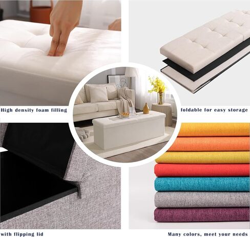 CUYOCA Storage Ottoman Bench Foldable Seat Footrest Shoe Bench End of Bed Storage with Flipping Lid, 75L Storage Space, 30 inches Linen Fabric Beige in Saudi Arabia