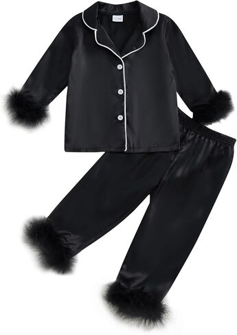 MAINESAKA Toddler Baby Girl Satin Pajamas Set Feather Trim Long Sleeve Button Down Tops Long Pants 2Pcs Pjs Sleepwear Outfits in Saudi Arabia