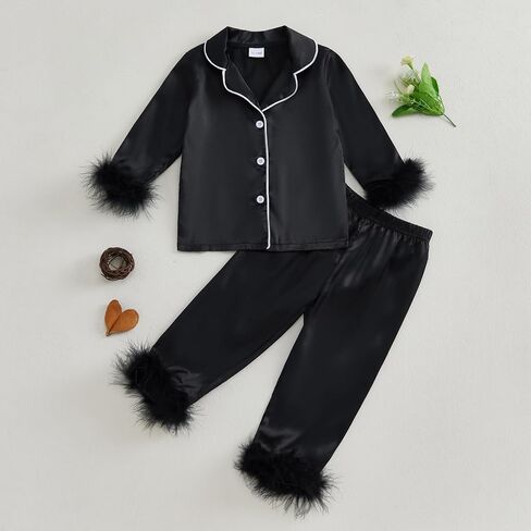 MAINESAKA Toddler Baby Girl Satin Pajamas Set Feather Trim Long Sleeve Button Down Tops Long Pants 2Pcs Pjs Sleepwear Outfits in Saudi Arabia