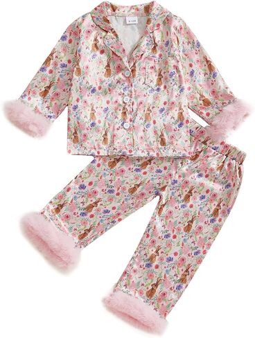 MAINESAKA Toddler Baby Girl Satin Pajamas Set Feather Trim Long Sleeve Button Down Tops Long Pants 2Pcs Pjs Sleepwear Outfits in Saudi Arabia
