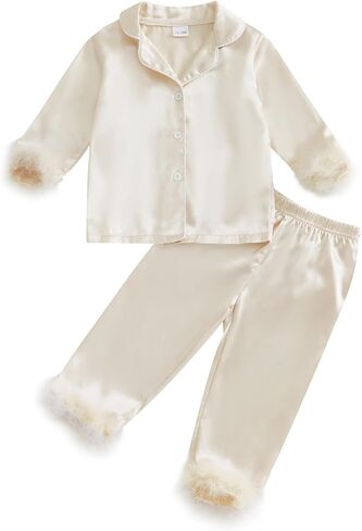 MAINESAKA Toddler Baby Girl Satin Pajamas Set Feather Trim Long Sleeve Button Down Tops Long Pants 2Pcs Pjs Sleepwear Outfits in Saudi Arabia
