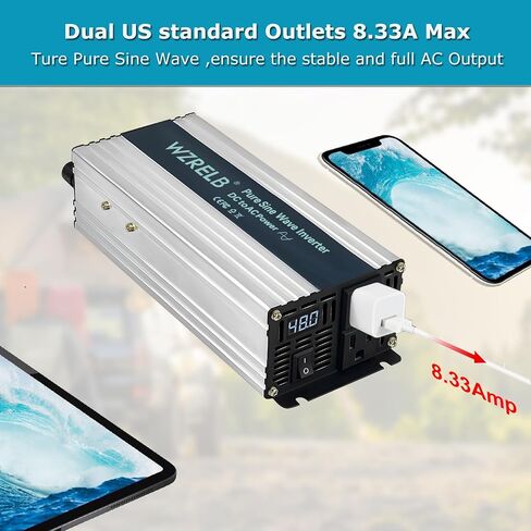 WZRELB 1000W محول موجة جيبية نقية 12V DC إلى 110V 120V AC محول طاقة مع شاشة LED، عاكس طاقة محمول خارج الشبكة مع 2 منافذ تيار متردد للمنزل، RV، الشاحنة، التخييم in Kuwait