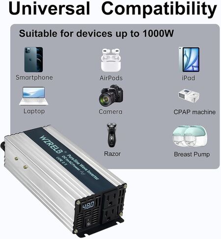 WZRELB 1000W محول موجة جيبية نقية 12V DC إلى 110V 120V AC محول طاقة مع شاشة LED، عاكس طاقة محمول خارج الشبكة مع 2 منافذ تيار متردد للمنزل، RV، الشاحنة، التخييم in Kuwait