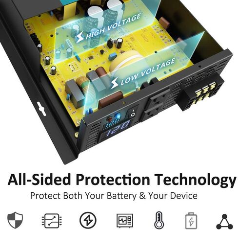 WZRELB 1000W محول موجة جيبية نقية 12V DC إلى 110V 120V AC محول طاقة مع شاشة LED، عاكس طاقة محمول خارج الشبكة مع 2 منافذ تيار متردد للمنزل، RV، الشاحنة، التخييم in Kuwait