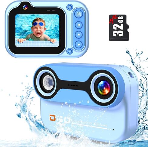 كاميرا مقاومة للماء للأطفال، كاميرا تحت الماء 3M/10FT للأطفال 1080P HD 10X كاميرا رقمية مع شاشة IPS 2.4 بوصة، كاميرا عمل للأطفال للأولاد والبنات مع بطاقة 32 جيجابايت، ألعاب حمام السباحة للأطفال - أزرق in Kuwait