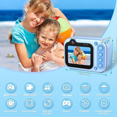 كاميرا مقاومة للماء للأطفال، كاميرا تحت الماء 3M/10FT للأطفال 1080P HD 10X كاميرا رقمية مع شاشة IPS 2.4 بوصة، كاميرا عمل للأطفال للأولاد والبنات مع بطاقة 32 جيجابايت، ألعاب حمام السباحة للأطفال - أزرق in Kuwait