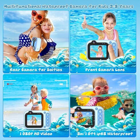 كاميرا مقاومة للماء للأطفال، كاميرا تحت الماء 3M/10FT للأطفال 1080P HD 10X كاميرا رقمية مع شاشة IPS 2.4 بوصة، كاميرا عمل للأطفال للأولاد والبنات مع بطاقة 32 جيجابايت، ألعاب حمام السباحة للأطفال - أزرق in Kuwait