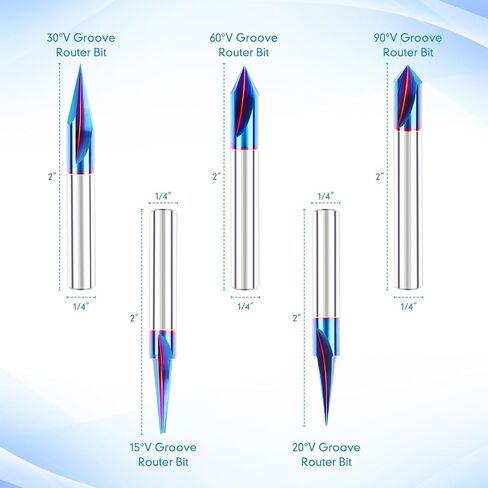 Engraving CNC Wood Carving Router Bit 1/4 Shank 15°/20°/30°/60°/90° Engraving Bits, 2 Flutes Straight CNC V-bit ，Blue Nano-Coating Conical Engraving Router Tool in Saudi Arabia