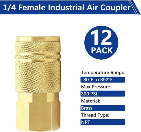 1/4-Inch Air Hose Fittings, 1/4 Inch Brass Female Industrial Coupler NPT Female Quick Connector Air Coupler for Professional Jobsites and Automotive Shops (12pcs Female Couplers) in Saudi Arabia