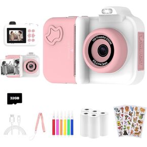Kids Camera Instant Print, Christmas Birthday Gifts Toys for Girls Boys Age 4 5 6 7 8 9 10 11 12 Years Old,1080P HD Dual-Lens Selfie Digital Camera with 5 Rolls Print Paper Stickers Pens & 32G Card