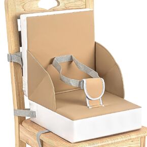Booster Seat for Table, PU Anti-Scratch Easy Cleaning Kids Toddler Booster Seat for Dining Table, Portable Increasing Booster Cushion with Non-Slip Bottom and Adjustable Safety Straps(Khaki
