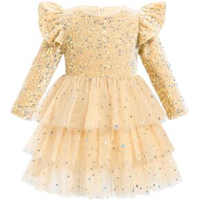 IDOPIP Toddler Girls Sequins Velvet Tutu Dress Glitter Christmas Tiered Mesh Dress Winter Long Sleeve Princess Pageant Dress