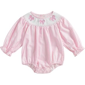 Newborn Infant Baby Girl Bubble Romper Bow Embroidery Plaid Puff Long Sleeve Smocked Bodysuit Cute Fall Clothes