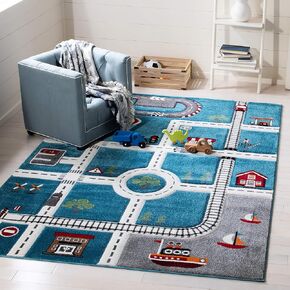 SAFAVIEH Carousel Kids Collection 6'7" Square Turquoise/Ivory CRK192K Neighborhood Road Non-Shedding Playroom Nursery Bedroom Area Rug