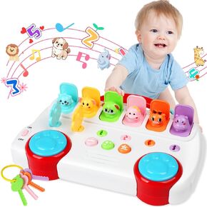 Interactive Pop Up Animal Toys with Music & Light, Toddlers Montessori Early Learning Activity 6-9-12-18 Months Baby Sensory Toy for 1 Year Old Boy Girl Age 2-4 Cause and Effect Toys (Red)