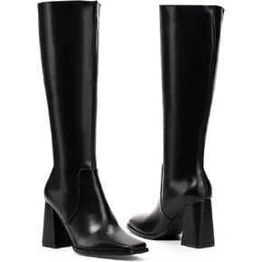 Elisabet Tang Casual Classic Knee High Long Boots Square toe 4IN for Women - Trendy Daily Chunky Block Heel Tall Dressy Boots Comfortable