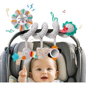 Car Seat & Stroller Activity Toys for Babies 0-6 Months,Lion Spiral Hanging Plush Baby Toys for Newborn boy Girl, Include Mirror Crinkle and Squeaky