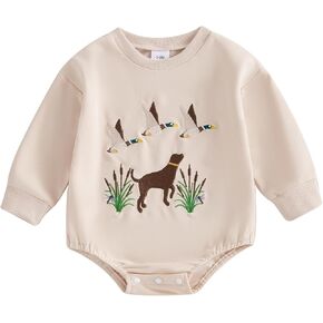 Newborn Baby Boy Girl Hunting Clothes Mallard Duck Embroidery Sweatshirt Romper Oversized Bubble Romper Playsuit