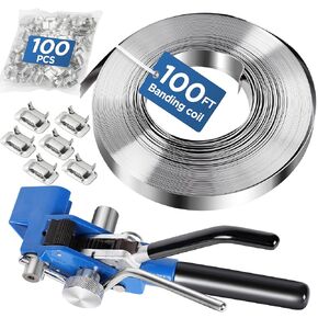 Steel Strapping Kit Banding Tool – Pallet Packaging Banding Tensioner & Cutting Tool with 3/4" * 100Ft SS304 Banding Coil,100pcs Steel Ear-Lokt Buckle, Ratchet Banding Tool for High Tensile