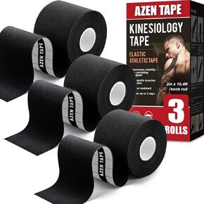 AZEN 3 Rolls Kinesiology Tape, 16.4 ft Waterproof Kinetic Tape for Joints Support and Muscle Pain Relief, Uncut Muscle Tape, Knee Tape, Athletic Tape - Black