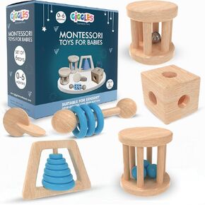 (6 Pack) Babies 0-6 Months, Wooden Baby Toy Rattle, Teether, Teethers, Teething for Babies, Natural Wood, Baby Toys, Infant Circle Rattle, Rattles, Baby Wooden Toys 6-12 (Natural)