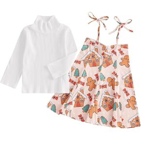 Omkzanbi Toddler Girl Christmas Dress Knit Long Sleeve Shirt Candy Cane Suspender Skirt 2 Piece Skirt Set Fall Winter Outfit