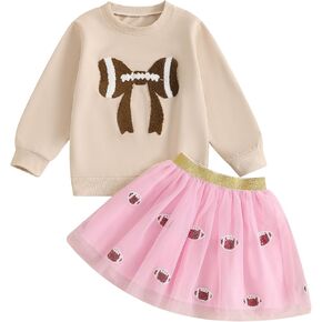 Omkzanbi Toddler Girl Football Outfit Football Bow Sweatshirt Rugby Sequin Tulle Tutu Skirt 2Pcs Kids Game Day Fall Clothes