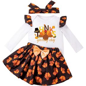 Rtnnsbbfcm Baby Girl Thanksgiving Outfit Long Sleeve Turkey Letter Print Romper Mini Skirt Headband 3Pcs Clothes Set