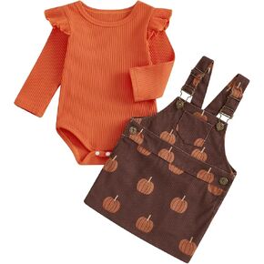 Karuedoo Newborn Baby Girl Halloween Thanksgiving Outfit Ruffle Ribbed Romper Pumpkin Suspender Skirt Overall Dress Set