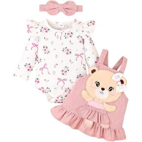 Baby Girl Clothes Suspender Skirt Newborn Ruffled Flower Romper + Cute Bear Dress + Headband Fall Outfits 0-18 Months