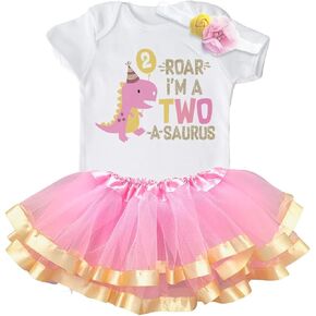 Luke and Lulu 2 Year Old Girl Dinosaur Birthday Outfit - Two Rex Pink Gold Dress with Headband for Toddlers