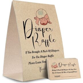 Kraft Paper Diaper Raffle Sign,Diaper Raffle Baby Shower Game Kit (1 Standing Sign + 50 Guessing Cards),Baby Showers Decorations,Card for Baby Shower Game to Bring a Pack of Diapers-NPZ11