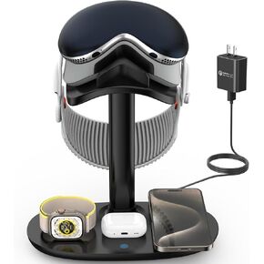 Stand for Apple Vision Pro with Wireless Charger, Suguder 4 in 1 VR Headset Display Holder with Charging Station for AirPods Pro/3/2 iWatch 10/9/8/7/6/5/4 iPhone 16/15/14/13/12 for Desktop Table Game