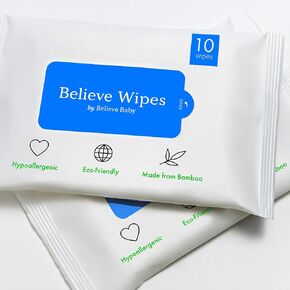 Believe Baby Wipes - bamboo makeup remover wipes - all natural facial wipes for sensitive skin - hypoallergenic unscented beauty wipes - oil and alcohol free face wipes - disposable, compostable, travel-size - 10pc x 10 packs (100ct)