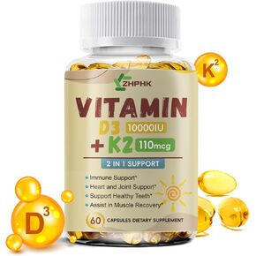 Vitamin D3 and K2 Supplements, Vitamin D and K 10,000 IU Strong Bones & Heart Health Support | Vitamin D3 High Potency Non-GMO Formula Calcium Absorption, Easy to Swallow 120 Softgels