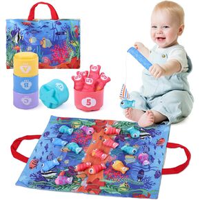 Montessori Toys for 1 Year Old, 22 Pcs Cloth Fishing Game for Baby 6-12 Months with Stacking Cups, Number Counting, Color Sorting, Shape Learning, Maze Toddler Toy Baby Boy Girl Birthday Gifts for 1-3